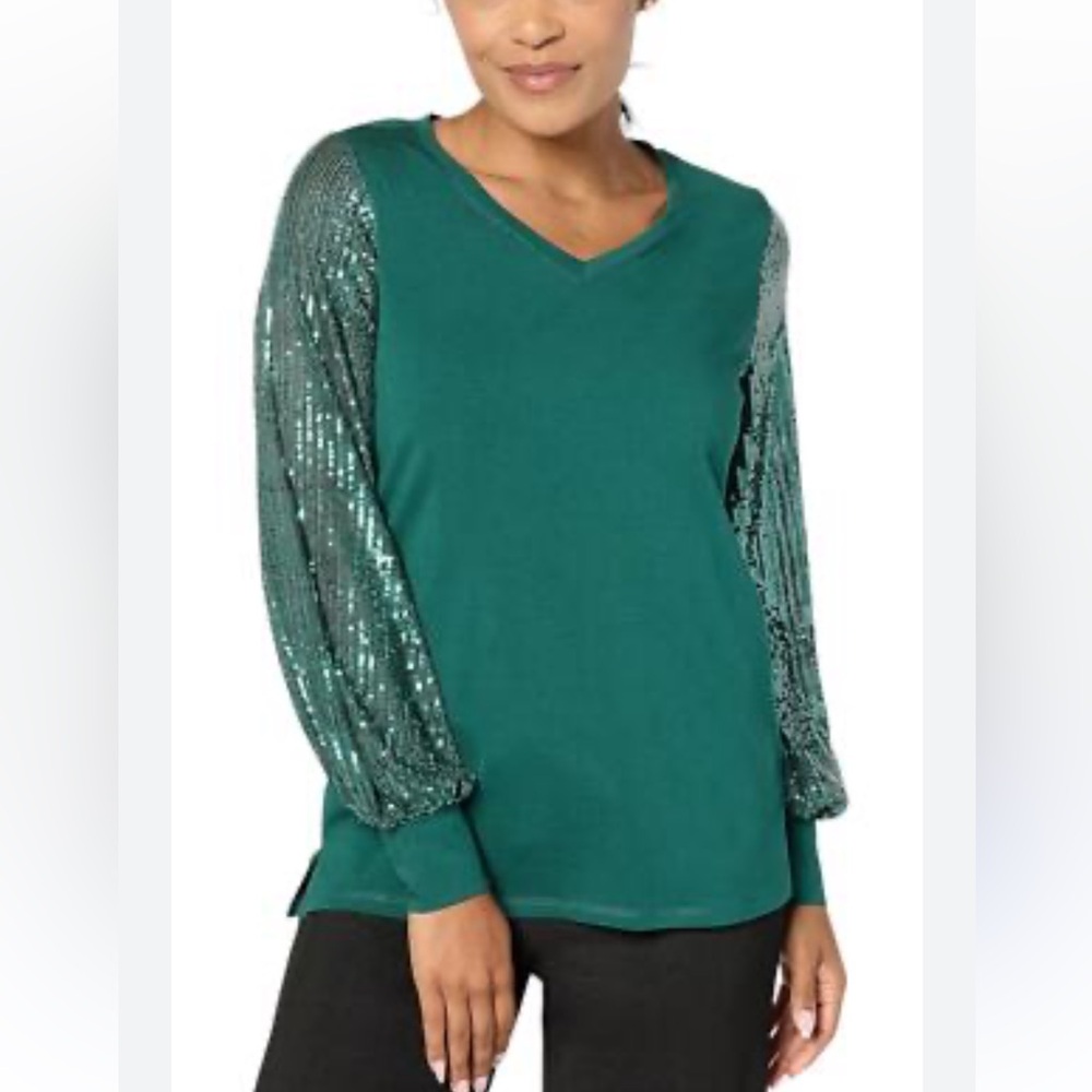 Jingle Belles by Kim Gravel Women's TripleLuxe Knit Sequin Top Evergreen XXS